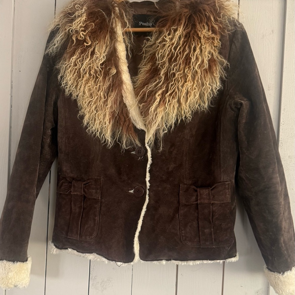 Vintage Brown Suede Penny Lane style Shearling Jacket with Fur Collar